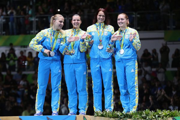 during the Women's Sabre Team gold medal match between Russia and Ukraine on Day 8 of the Rio 2016 Olympic Games at Carioca Arena 3 on August 13, 2016 in Rio de Janeiro, Brazil.